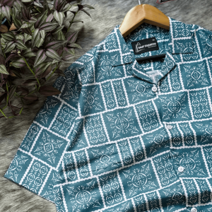 DROP SHOULDER OVERSIZED CUBAN SHIRT - Teal Blue