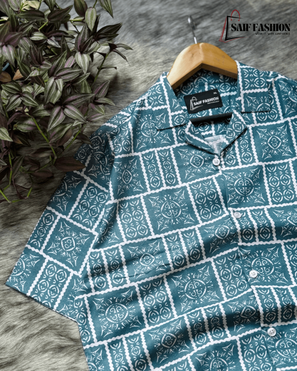 DROP SHOULDER OVERSIZED CUBAN SHIRT - Teal Blue