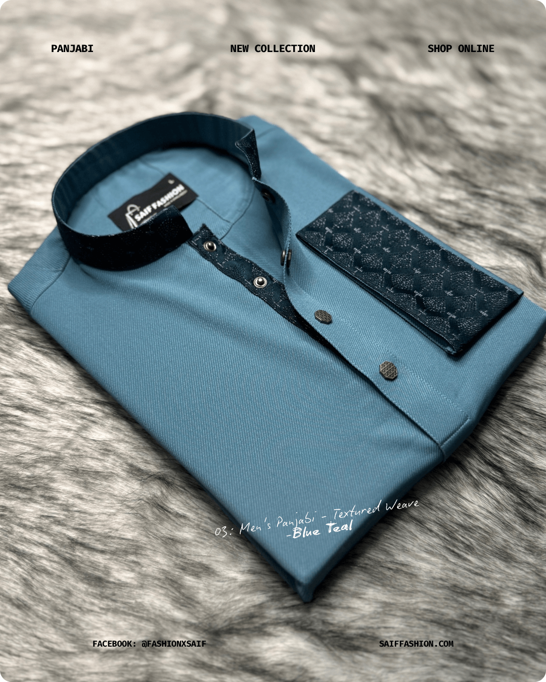 5. Men's Premium Panjabi - Textured Weave - Blue Teal