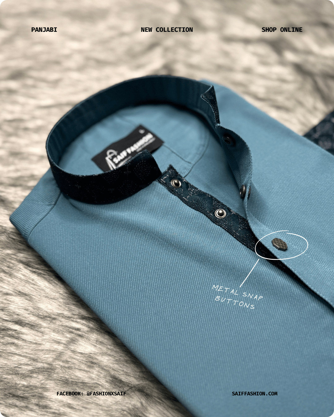 5. Men's Premium Panjabi - Textured Weave - Blue Teal - Image 3