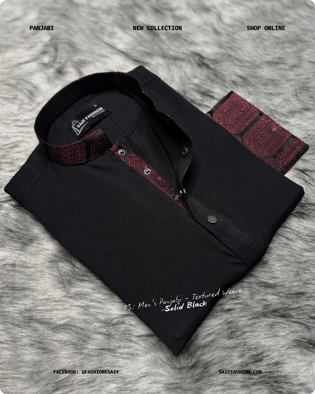 6. Men's Premium Panjabi - Textured Weave - Solid Black