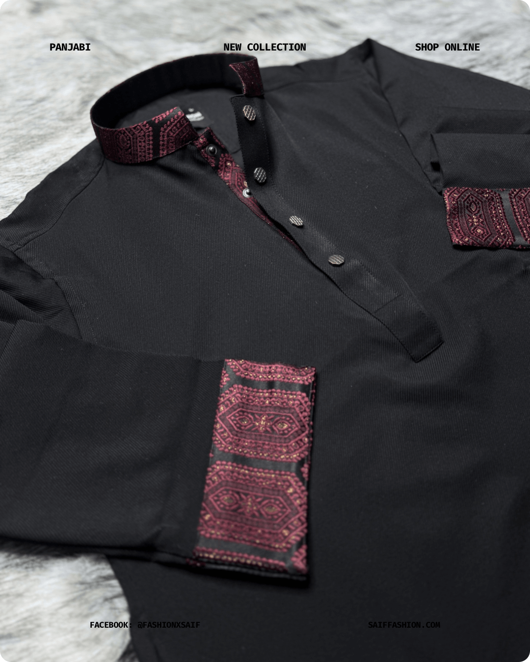 6. Men's Premium Panjabi - Textured Weave - Solid Black - Image 2