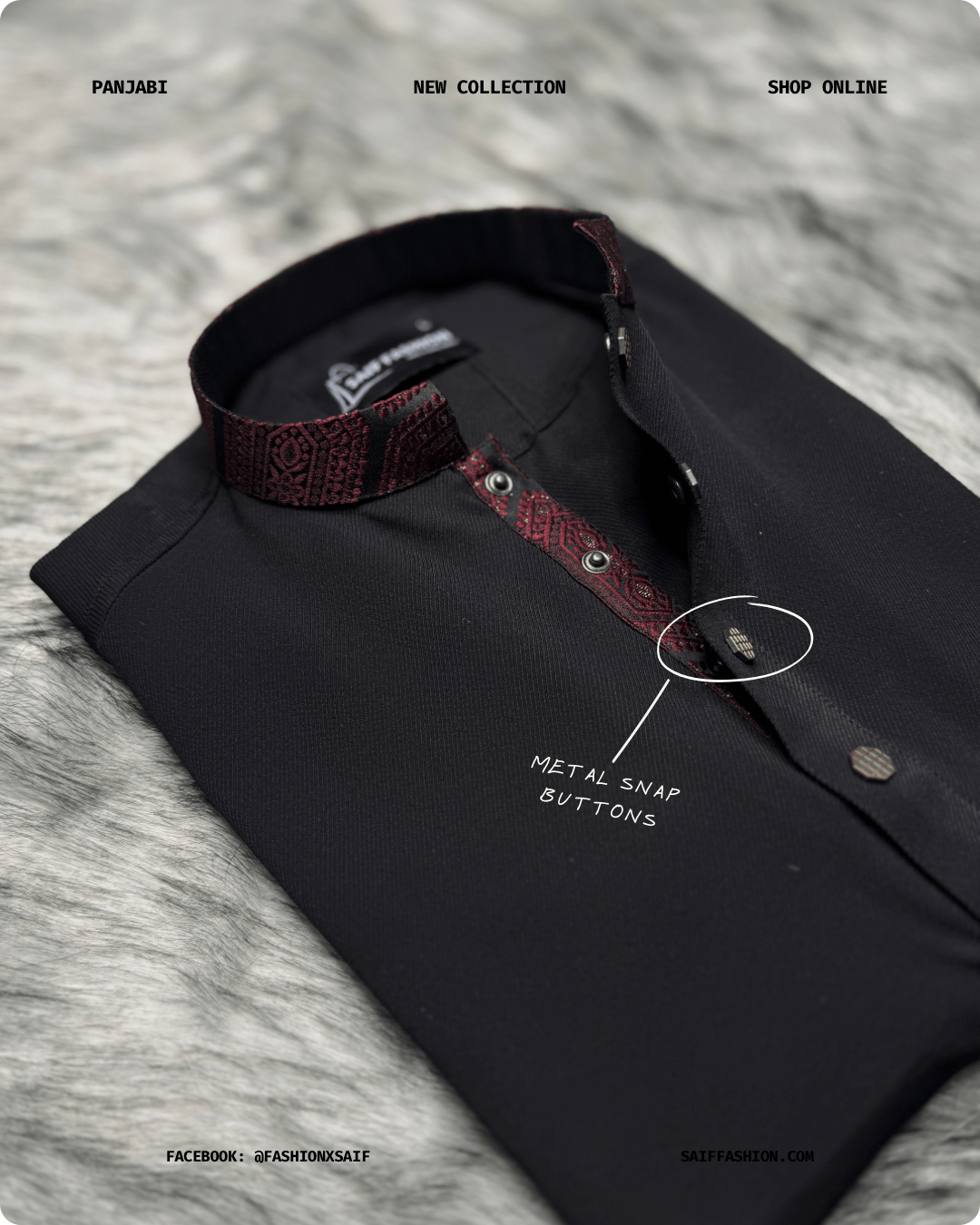 6. Men's Premium Panjabi - Textured Weave - Solid Black - Image 3