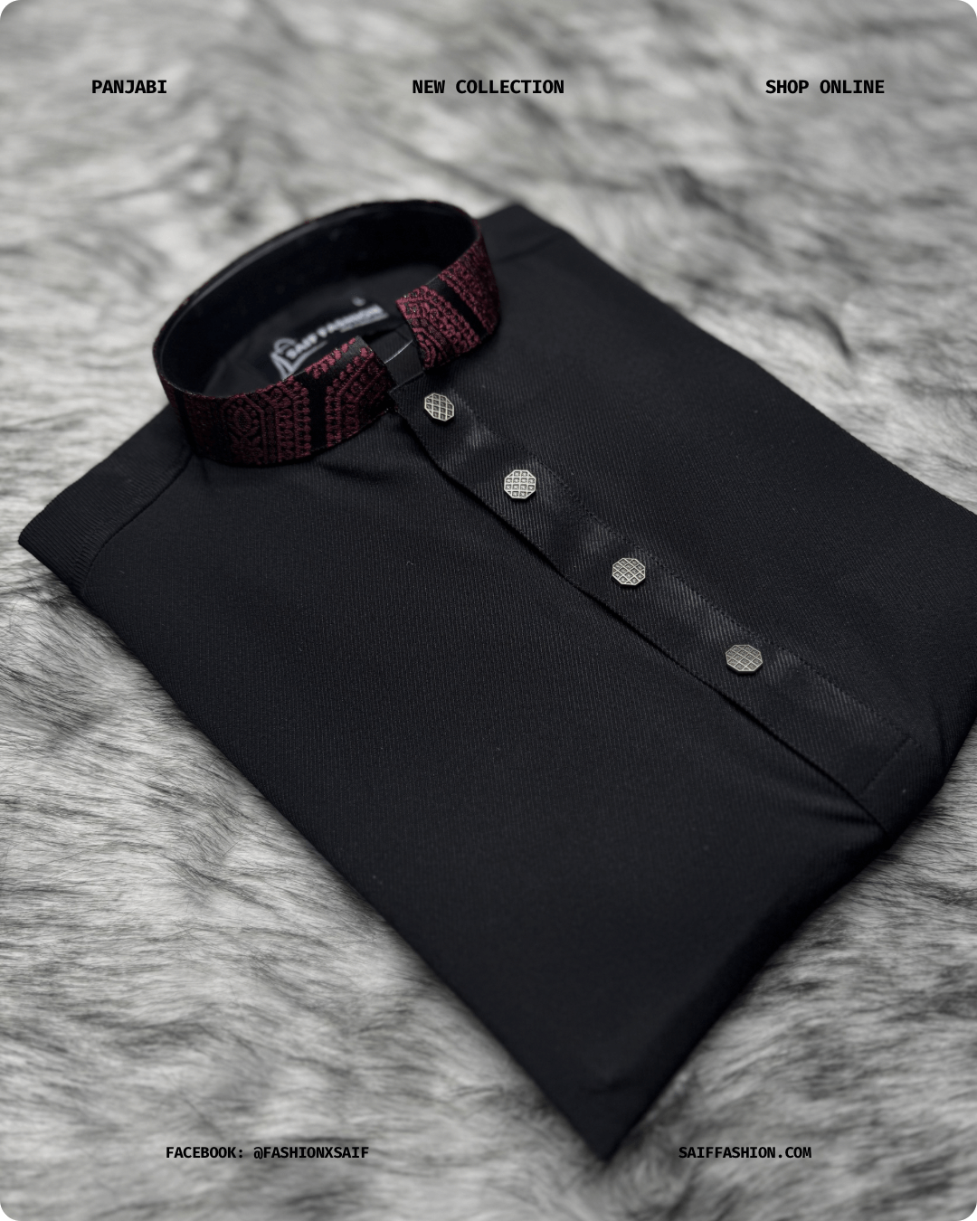 6. Men's Premium Panjabi - Textured Weave - Solid Black - Image 5