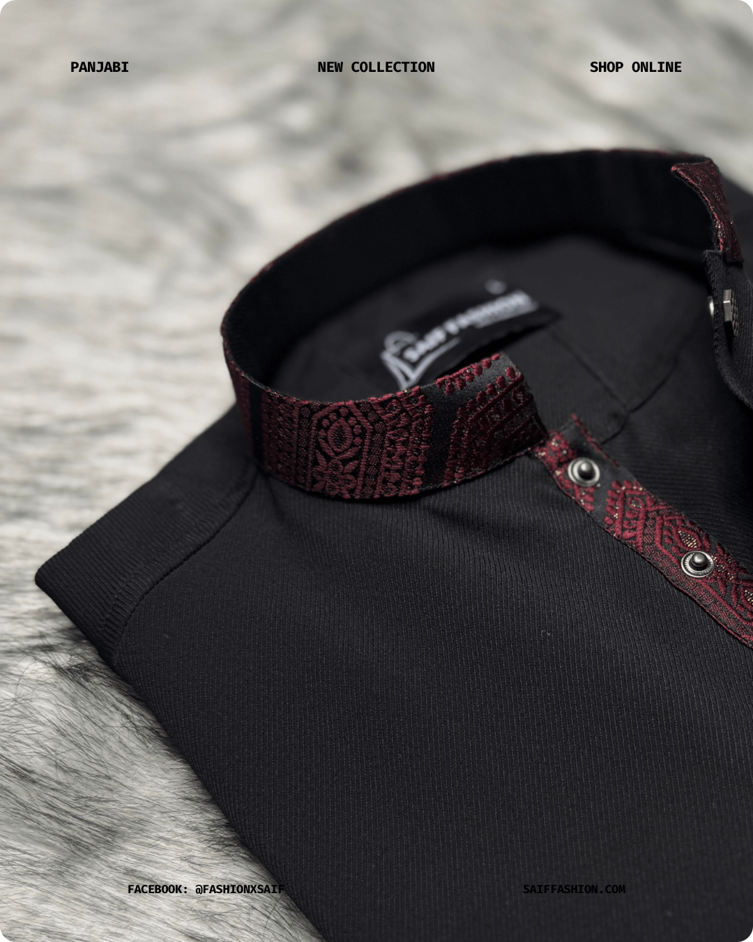 6. Men's Premium Panjabi - Textured Weave - Solid Black - Image 4