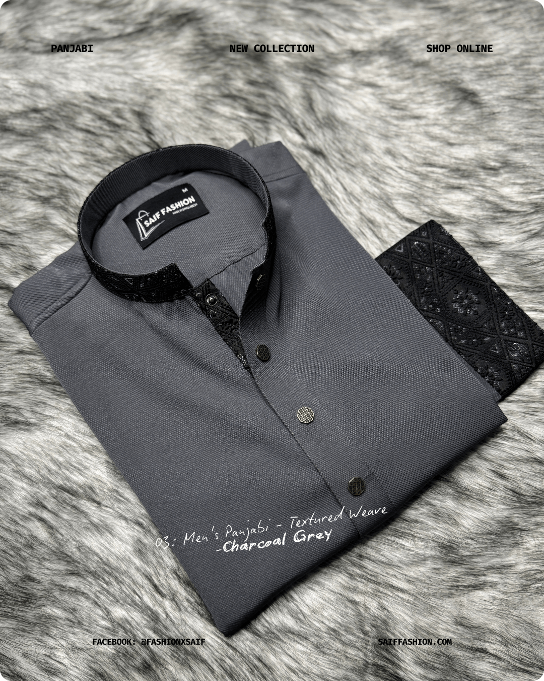 9. Men’s Premium Panjabi – Textured Weave – Charcoal Grey