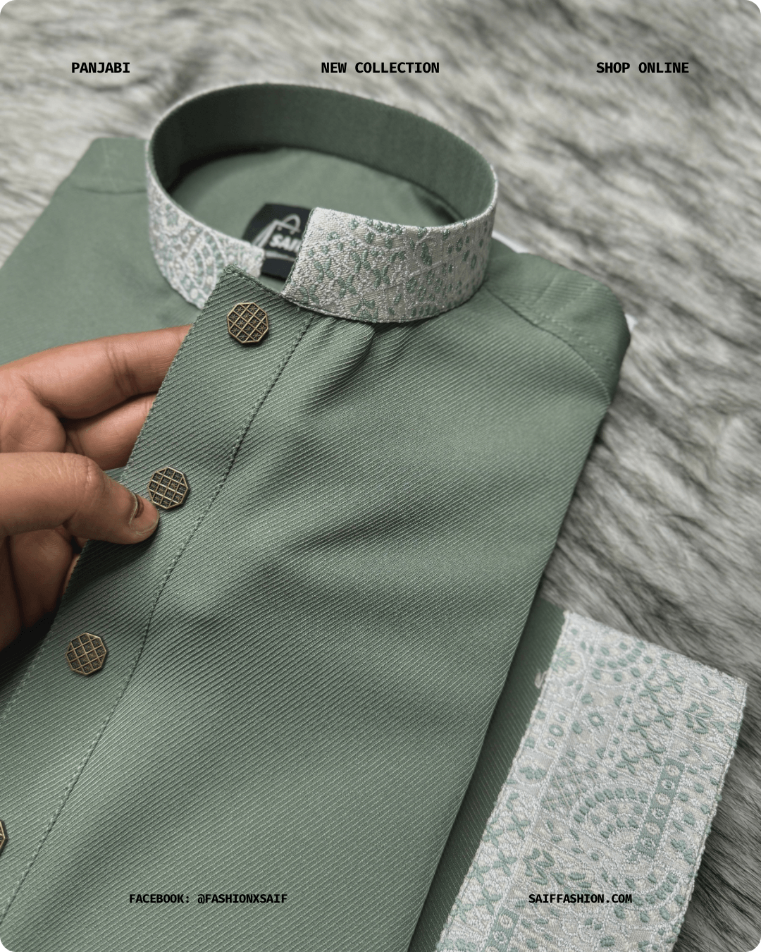 11. Men's Premium Panjabi - Textured Weave - SageGreen - Image 3