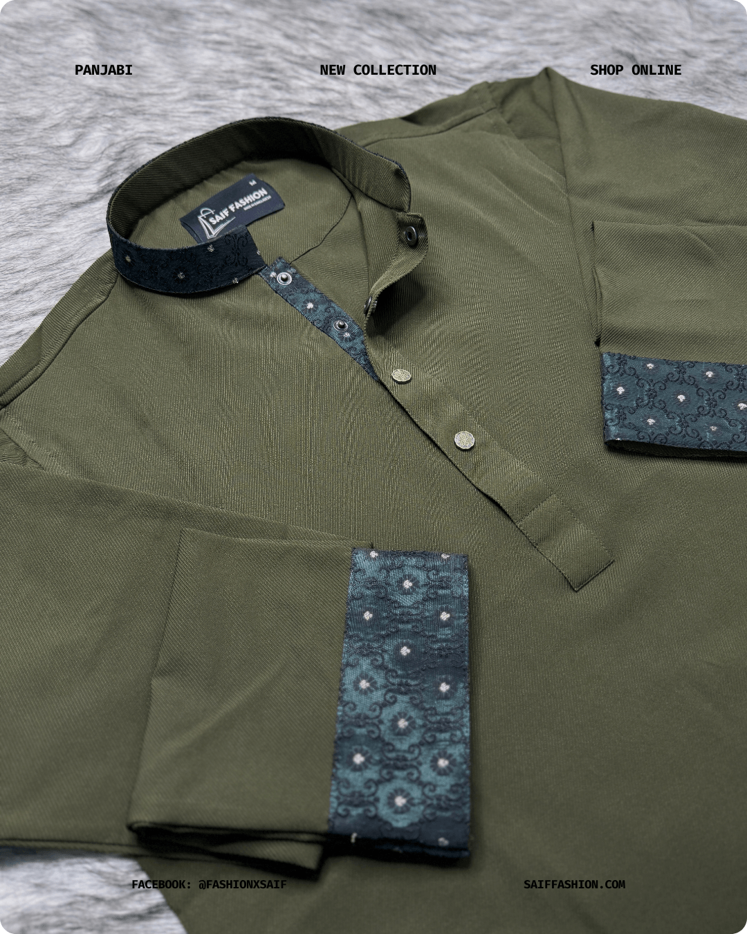 13. Men's Premium Panjabi - Textured Weave - Olive - Image 2