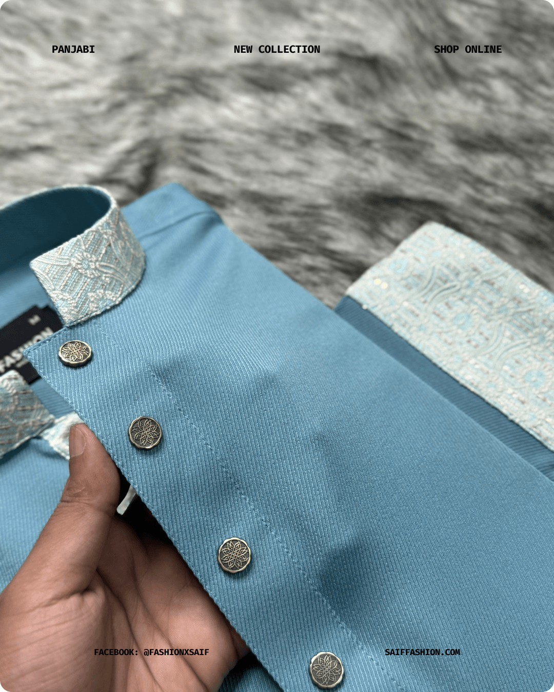 12. Men's Premium Panjabi - Textured Weave - SkyBlue - Image 2