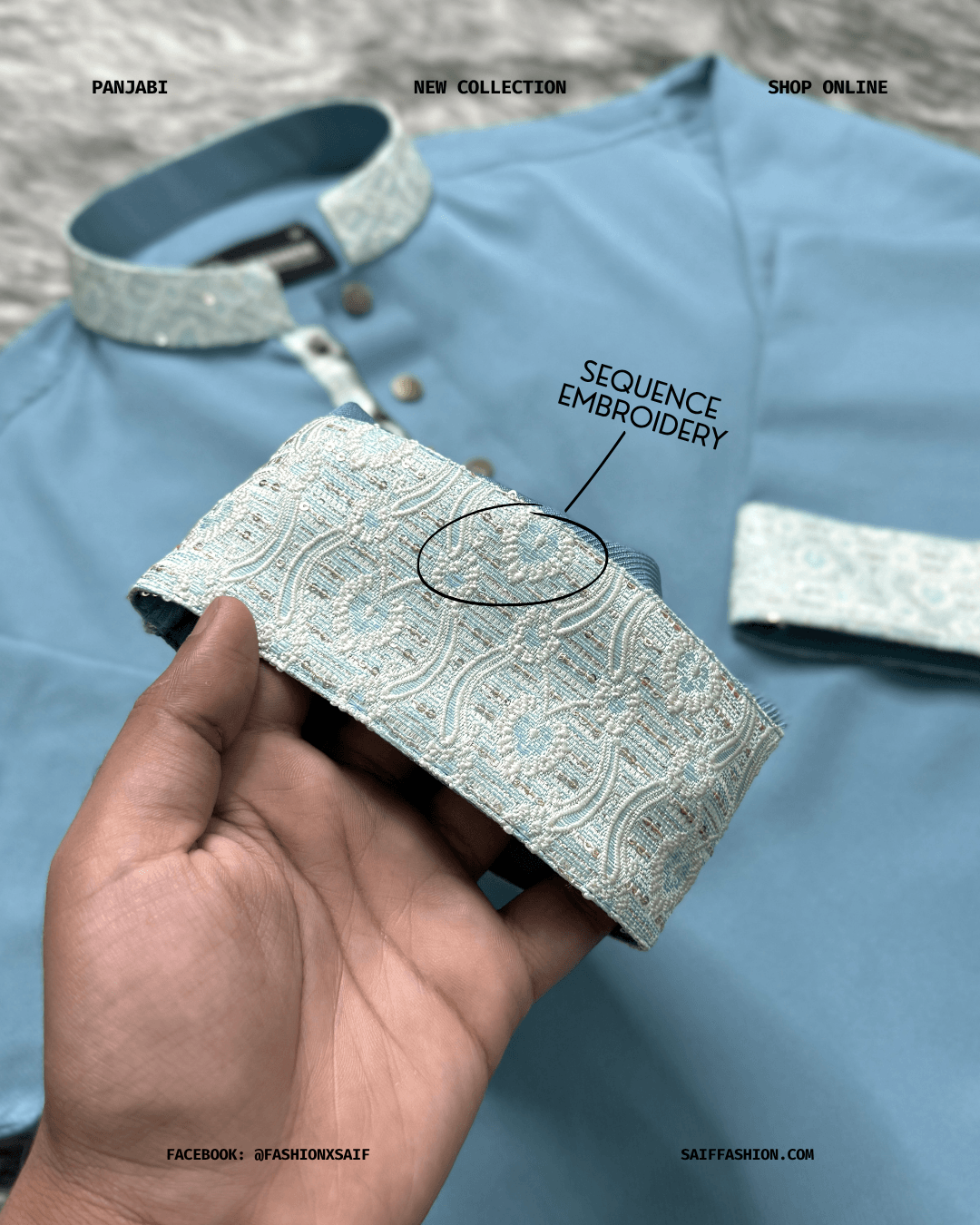 12. Men's Premium Panjabi - Textured Weave - SkyBlue - Image 5